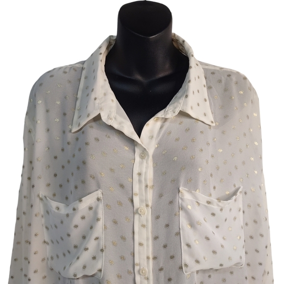 Mossimo Top Shirt Women's Sheer Cream White Gold Dots Print Button Up Sz… - Picture 3 of 9